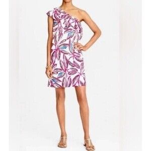 J Crew Factory Tropical Print Ruffle One Shoulder Linen Blend Mini Dress…